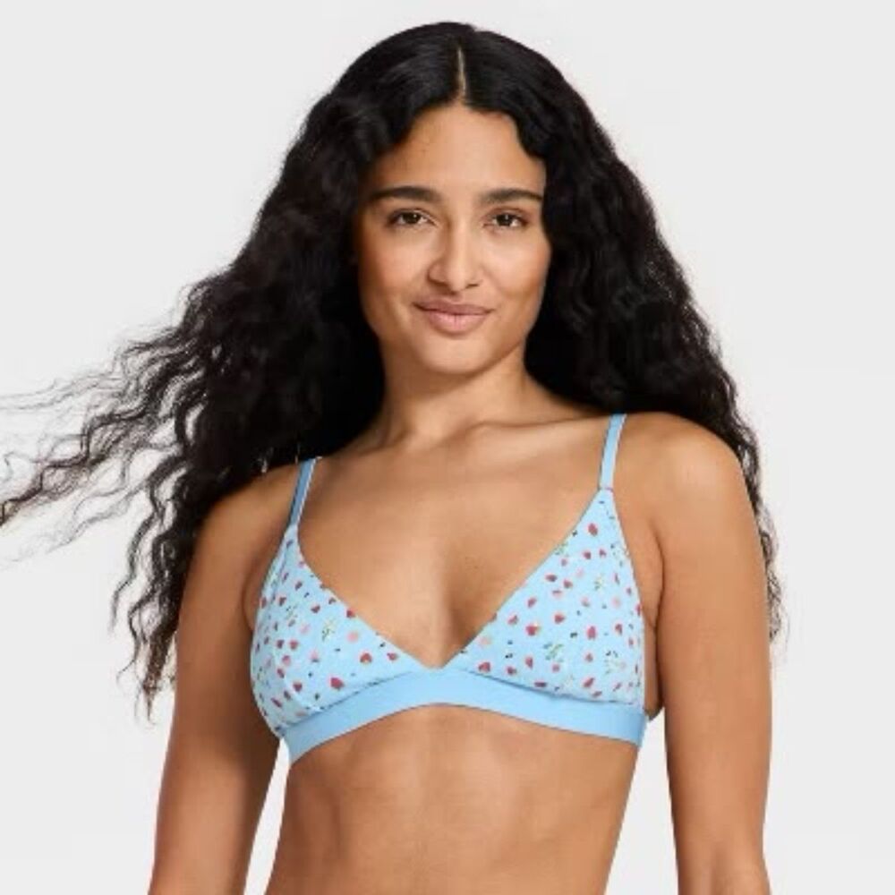 Women’s Blue Strawberry Print Wide Leg Lounge Pants & Bralette Set